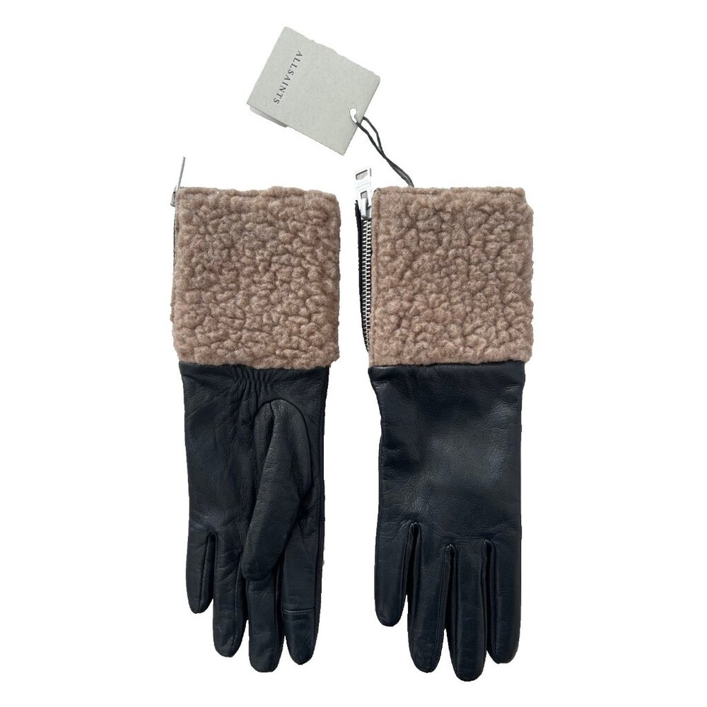 ALLSAINTS Faux Shearling Leather Zip Gloves Black / Natural ( M )